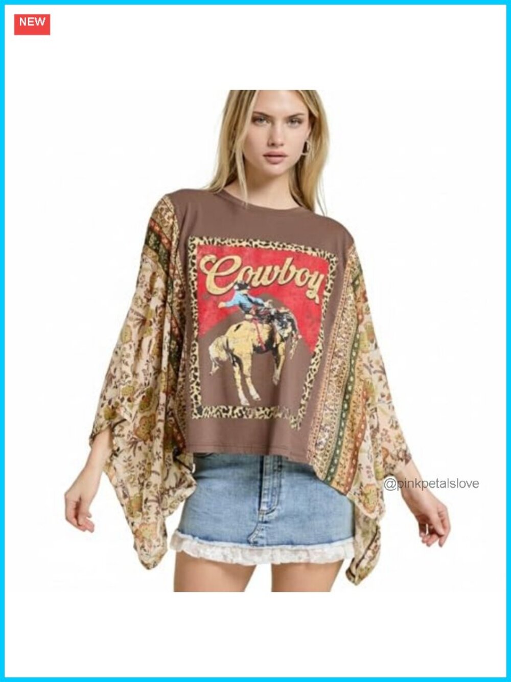 Western Cowboy Graphic Poncho Top Floral Chiffon Sleeves Oversized Tee